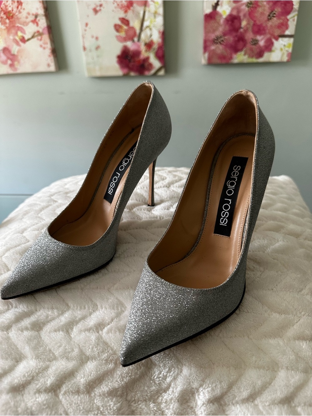Sergio Rossi Silver Glitter Pointed Toe Stiletto Pumps